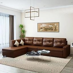Sleepify Thanoy 6 Seater Leatherette LHS Sectional L Shape Sofa Set (Brown)-image-8