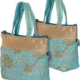 Kuber Industries Polyester Embroidery Design Hand Bag For Women/Girls With Handle Pack of 2 (Blue) 54KM4031-9