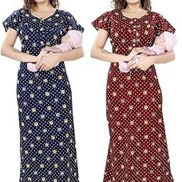 Feeding Nighty in Pure Cotton 2 Side Zips for Feeding Purpose & Neck Buttons for Easy Wearing Soft Cotton Maternity Nighty for Women Feeding Combo Feeding Nighty for Women (Combo of 2Pcs)-picture-0