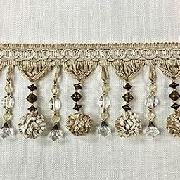 4.5" Pom Pom Crystal Beaded Tassel Fringe Trim TF-45/3-2 Beige & Cream (Sold by The Yard)-image-59