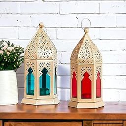 BWO Beautiful Collection Decorative Hanging Lantern/Lamp with t-Light Candle, Set of 2 (Size 10X10X17 cm) Gold and Multi Glass-image-2