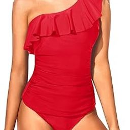 Swimsuits for Women One Shoulder Tankini Tummy Control Two Piece Bathing Suits Ruffle Swimwear, Chili Red, Medium-image-6