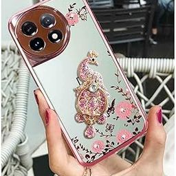 KC Back Cover for Oneplus 11R 5G, Bling Peacock Rhinestone 360 Degrees Finger Ring Holder Grip Stand Camera Protection Soft Silicone Case (Rose Gold Pink)-picture-30