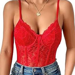 Women's Floral Lace Sheer Mesh Corset Bodysuit Spaghetti Strap Cami Top (X-Large, Red)-27