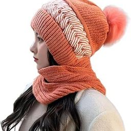 Women Beanie Hat Knitted Winter Cap with Scarf Muffler Soft Plush Velvet Fur Woolen Snow Proof Pom Pom Cap Neck Warmer-image-77