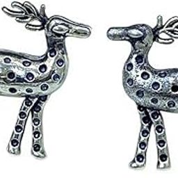 German Silver Oxidised Dangler Earrings with Spotted Deer Design, Push Back Clasps, 7g, Traditional-image-93
