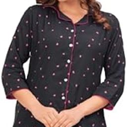 Women's Heart Print Cotton Pyjama Set, 3/4 Sleeve Button-Down Nightwear, Best Sleepwear for Women-image-75