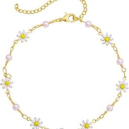 Gold Plated Waterproof Anti-tarnish White Daisy Charm With Pearls Floral Anklet | Beach Accessory For Women and Girls-37