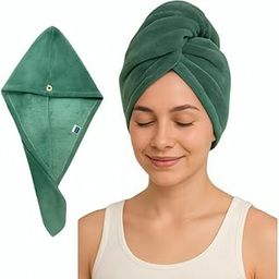 Green Microfiber Hair Drying Towel for Women & Girls | Fast Dry Hair Wrap with Button | Lightweight, Absorbent & Soft Head Cap for Bath, Spa, Travel – 60x24 cm Pack 2-image-51