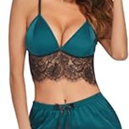Trending HUB Elegant Desire Women’s Satin & Lace Teal Nightwear Set – 2-Piece Bralette & Shorts Honeymoon Lingerie, Sexy Sleepwear & Lounge Wear for Couples-image-78