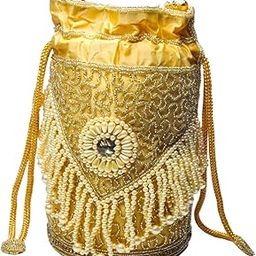 Handcrafted Gold Satin Bag, Pearl Beaded Embellishments, Crystal Work, Traditional Drawstring Design, Evening Clutch-image-93