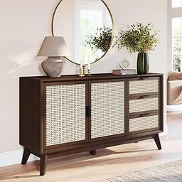 Bme Rattan Pre-Assembled Buffet Sideboard with 3 Drawers & 2 Doors, 58" Accent Console Table Living Room, Kitchen, Dining, Walnut, Jasper Storage Cabinet-image-13