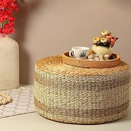 Habere India-All the Cultures Fabricating India Ottoman | Pouf | Ottomans for Living Room | pouffe Stool | Nesting Stool | Seagrass pouffes for Sitting - Beige, Round (57x29 cm)-image-69