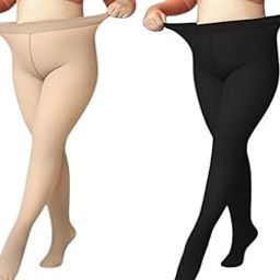 Fleece Lined Tights Women High Waisted Winter Warm Womens Thick Tights Thermal Fake Translucent Pantyhose Plus Size Pack of 2 (Black & Skin)-48