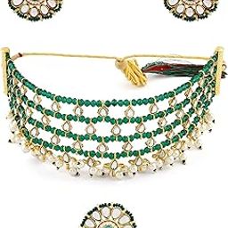 Green Crystals Beaded Kundan Choker Necklace Earring & Ring Set For Women-ZPFK11063-image-11