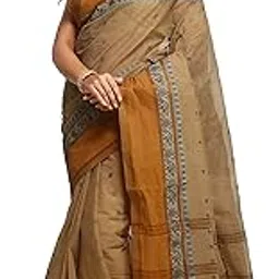 women’s cotton tant saree with starch and bright solid border without blouse piece. (Brown)-image-98