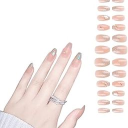 Coslifestore- Press on Nails- Pack of 24 designer - nails with full application kit- jelly tabs, glue, buffer and manicure tool (PEACH WITH STONES)-10