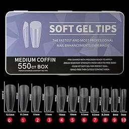 Styfy Nail Tips | Soft Gel Full Cover Nails | Matte Acrylic Nail Tips Artificial False Nails with Box Fake Nail Extension for Nail Salons DIY Nail Art (Medium Coffin Nail Tips | Matte Finish, 550 pcs)-2