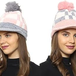 Combo Women Desinger Winter Soft Warm Snow Proof Pom Pom Cap with Visor (Inside Fur) Woolen Beanie Cap with Visor or Women's & Girl's (Pack of 2)-0