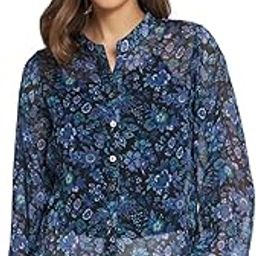 Women's Floral Printed Brown Mandarin Neck Long Sleeve Chiffon Casual Regular Shirt || Western Stylish Full Sleeve Regular Fit Party Shirt || Semi-Sheer Shirt Tops for Women With Front Button Closure-image-4
