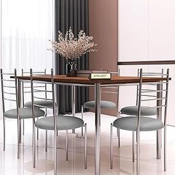 SIYA ART Stainless Steel Frame Wooden Top 6 Seater Dining Table with Cushioned Chair for Living Room Home Dining Room Furniture Set (Silver-Grey)-image-21