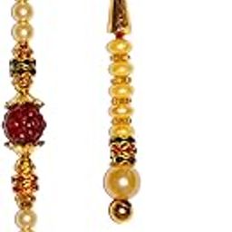 Nemi Enterprises Combo of Cream Pearl Rudraksh Rakhi & Pearl Lumba With Daimond Ring Set Rakhi For Brother | Sister | Family | Bhaiya Bhabhi Rakhi With Roli Chawal(NE 119)-image-8