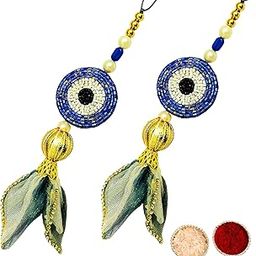 Buyent ® elegant Kundan pearl evil eye lumba rakhi for bhabhi set of 2 rakshabandhan traditional chuda rakhi for sister in law with roli chawal-image-24