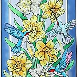 MUMTOP Hummingbird Stained Glass Window Hanging 10" W x 15" H Rectangle Bird Daffodil Suncatcher Birthday Gift for Mom Grandma Bird Lovers-image-3