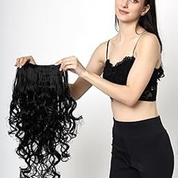 DELUXE HAIR 5 Clips based Curly/Wavy Matte Finish Hair Extensions | Instant Volume and Length Clip In Volumizer for Women and Girls | 24 Inches Hair Length (BLACK)-image-6