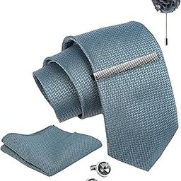 Tie for Men – Geometric Silk Neck Ties Set with Cufflinks Flower Pin, Pocket Square & Black Gift Box, Combo Necktie Sets for Office Wear, Formal Suits & Weddings (Metal Silver, NXPLX_238)-image-67