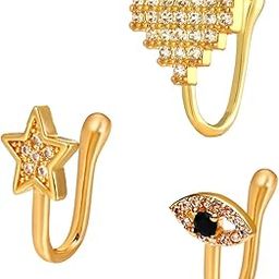 Jewellery Combo of 3 Gold Nose Pin -Star, Heart, Evil Eye Shape - For Women & Girls Stylish Latest-42
