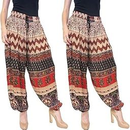 Printed Cotton Trouser Harem Pants, Multi-Colour Bohemian Pattern, Drawstring Waist-54