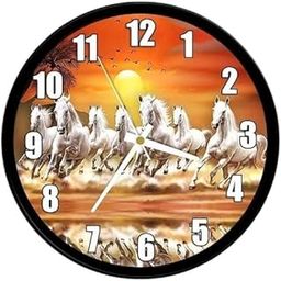 Decorative Wall Clock with Running White Horses Design, Sunset Background, 30 cm Round-1
