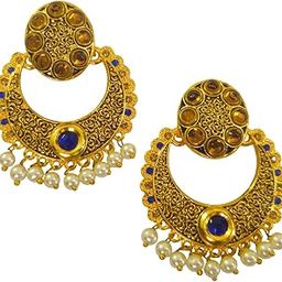 Traditional Gold-Plated Earrings with Blue Stone and Pearl Drops, Round Dangler Design, Wedding and Party Wear-1