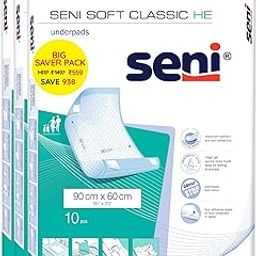 Seni Soft Classic HE Underpads, Large (90 x 60 cm) - Highly Absorbent, Leak-Proof, Super Soft & Comfortable, Unisex, Pack of 3 (10 Pieces per Pack)-image-0