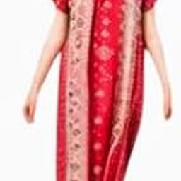 Women's Cotton Nighty, Indonesian Jaiswal Print, Round Neck, Red, Ankle Length-image-78