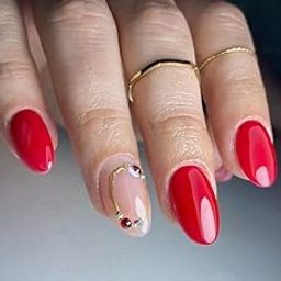 FWS Artificial fake Press On Nails Art Set (Set Of 20) Reusable Nails Extension,BridalNails,Stick-On Nails,Manicure Art Set, AcrylicNails,False Nails,DesignerNails | Nail Glue, Nail file, cuticle pusher, cleaning wipe | Glossy Red Studded Shape Oval-11