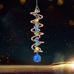FONMY Gazing Ball Spiral Tail -Decorative Wind Spinner Sun Catcher Rainbow Maker Copper Double-Spiral W/Sea Blue Crystal Ball and Chain Crystals Beads for Indoor Outdoor Garden Decoration -14 inch H-image-46
