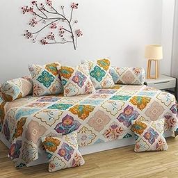 DWORTH Premium Soft Cotton 8 Pieces Diwan Cover Set with 1 Single Diwan Bedsheet, 2 Bolster Covers and 5 Cushions Cover, Multi Color-image-59