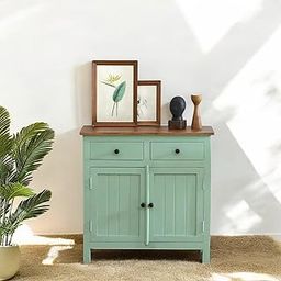 Kraft Bazaar Solid Wood Sideboard Cabinet | 2 Drawers | Scratch-Resistant Tubaq Top with Sage Green Finish | Stylish Storage for Living Room Décor-image-97