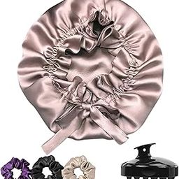 Attune® Silk Satin Hair Bonnet Reversible Satin bonnet with adjustable tie band wrap Satin Wrap Silk bonnet hair with Hair Scalp Massager Shampoo Brush and scrunchies (Beige)-image-21