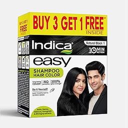 Indica 10-Minute Hair Color Shampoo | Buy 3 Get 1 Free | Ammonia-Free with 5 Herbal Extracts | Long-Lasting Natural Black | Easy DIY Pack (12.5g+12.5ml) with Gloves-55