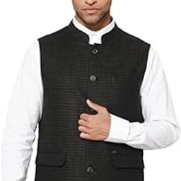 Men's Self Design Green Mandarin Collar Waist Coat-image-2