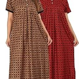 Nighty for Women Cotton Combo (Pack of 2) Nighty Gown Round Neck Short Sleeves Jaipuri Maxi Gown Printed Free Size-image-12