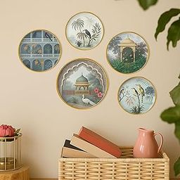 Decorative Round Wall Hanging Set of 5 Mughal Palace Bird Dome Theme Wall Art for Home Living Room Bedroom Office Decor with Golden Border Frame Ethnic Indian Miniature Style Design-image-51