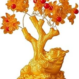 Golden Feng Shui Money Tree Showpiece with Crystal Leaves & Lucky Frog | Decorative Item for Home Office Table | Gift for Positivity & Prosperity (Red-Golden)-image-6
