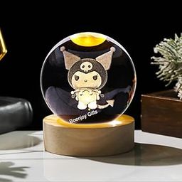 BOENJOY Gifts- Hello Kitty Kuromi 3D Crystal Ball Lamp with Wooden Base | Warm White Light- Cute Anime Lamp for Desk or Bedroom Decor for Sanrio Lovers (No Switch- Only Cable)-image-16