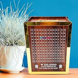 Printiaa Wooden Money Saving Box | Piggy Bank for Kids & Adults | ₹50,000 Savings Challenge Coin Box | Cash Vault Coin & Cash Box | Durable & Eco-Friendly Money Saver-0