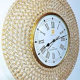Pintoit Luxury Decorative Crystal Wall Clock (19") Metal Abstract Crystal Beads Analog Hanging Golden in Roman Number Fancy Diamond Clock Luxurious Living Room Gift for Diwali Wedding Anniversary-27