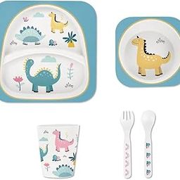 POLKA TOTS Eco Friendly Bamboo Fiber Dinner Set, 5 Pcs Tableware Crockery Set for Weaning Toddler & Self Feeding Baby Utensil Set for Baby Kids (Dino)-image-92